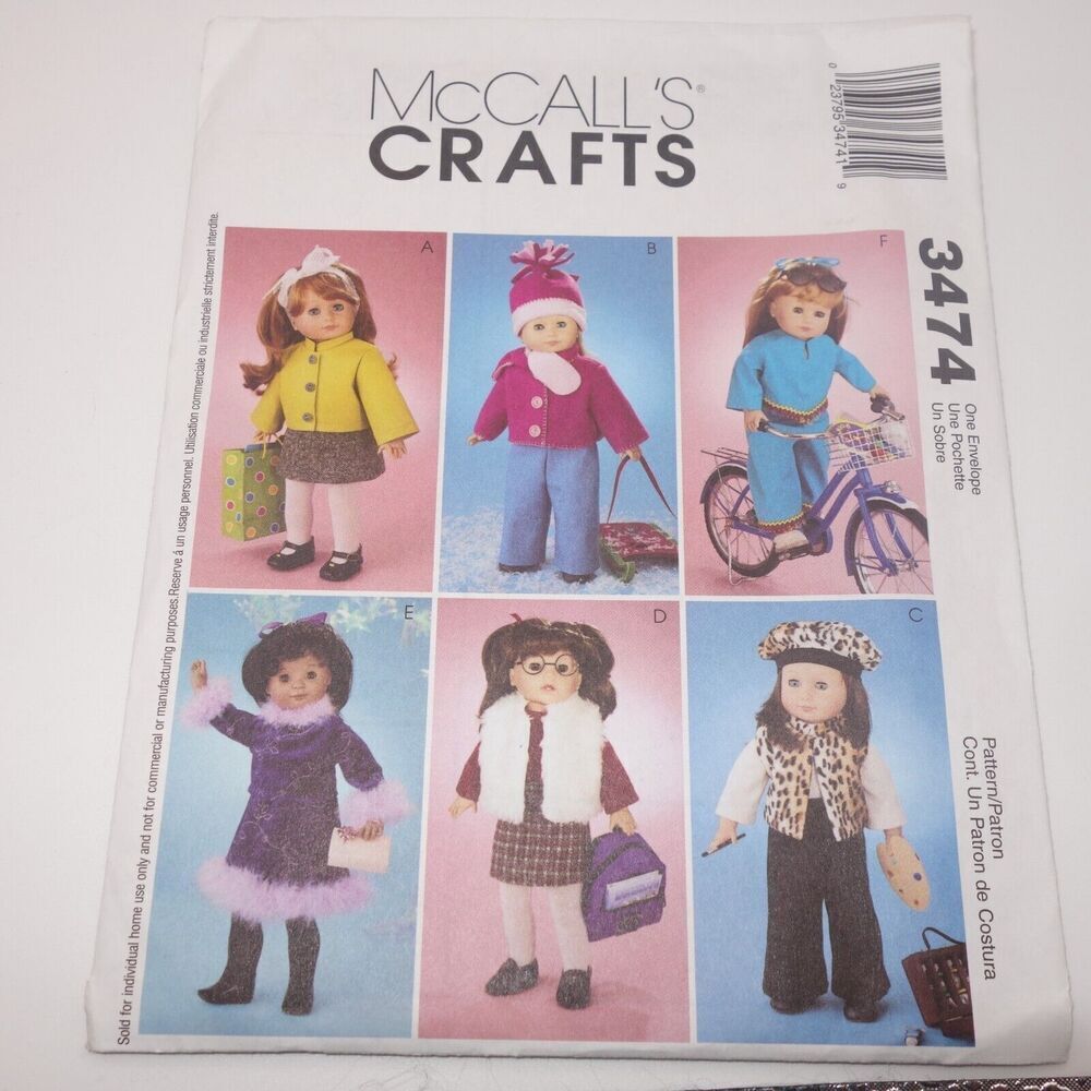 NEW McCall's 3474 Doll Clothes Pattern 18" fits American Girl Dresses Winter